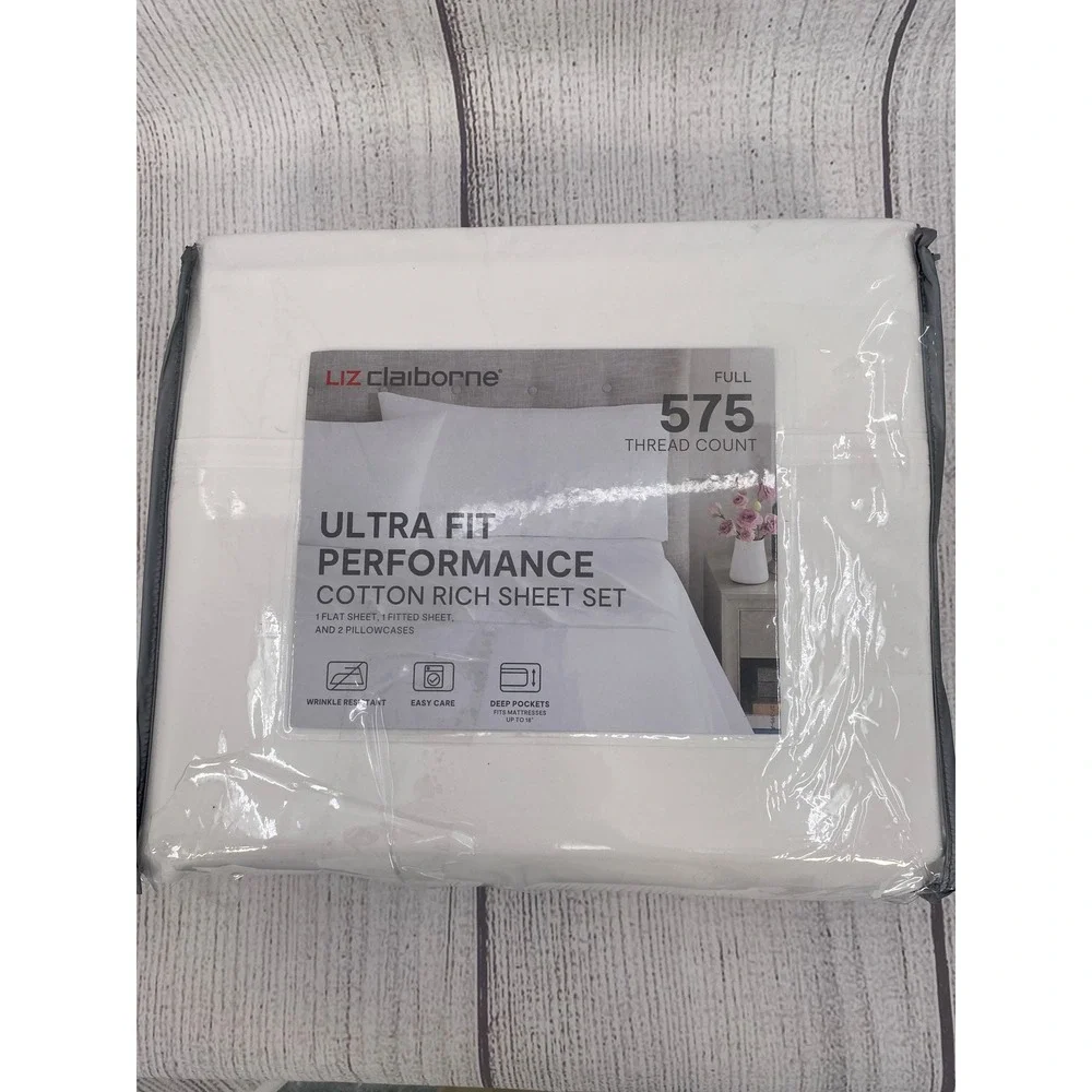Liz Claiborne Sheet Set Full White 575 Thread Count Ultra Fit Performance Crisp